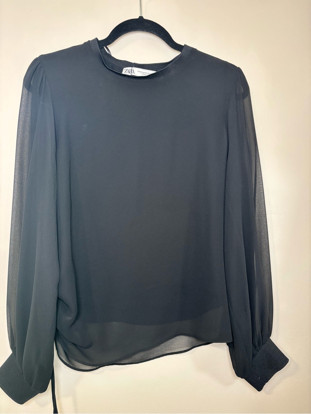 Zara Black Sheer Long-Sleeve Crewneck Blouse
